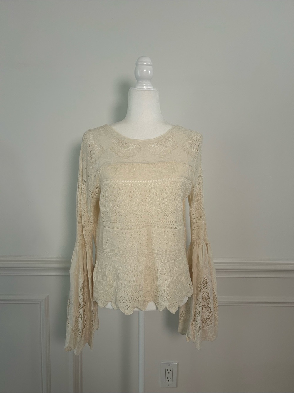 Free People Cream Crochet Lace Bell-Sleeve Top